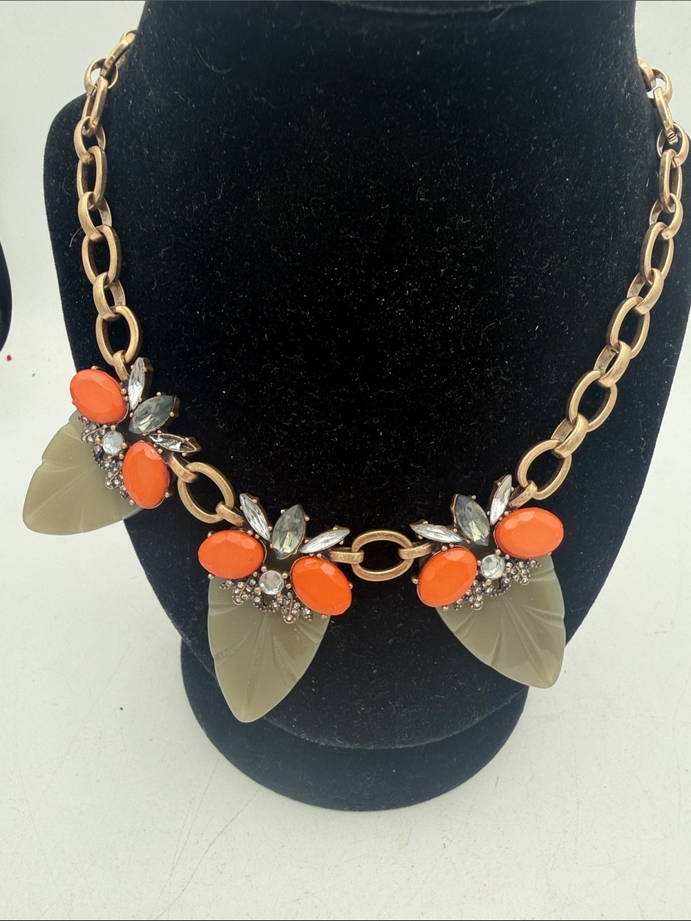 J. Crew Vintage Crystal Cluster Statement Necklace - Bright Orange & Resin Leaf
